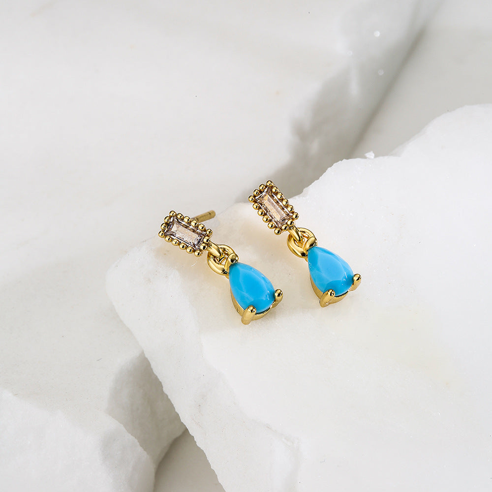 Orecchini Pendenti a Goccia Geometrici Minimalisti da Donna, Base in Rame con Placcatura in Oro 18K e Intarsio in Zirconi