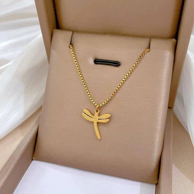 Minimalist Geometric Titanium Steel Plated Necklace with Gold Foil Dragonfly Pendant for Women