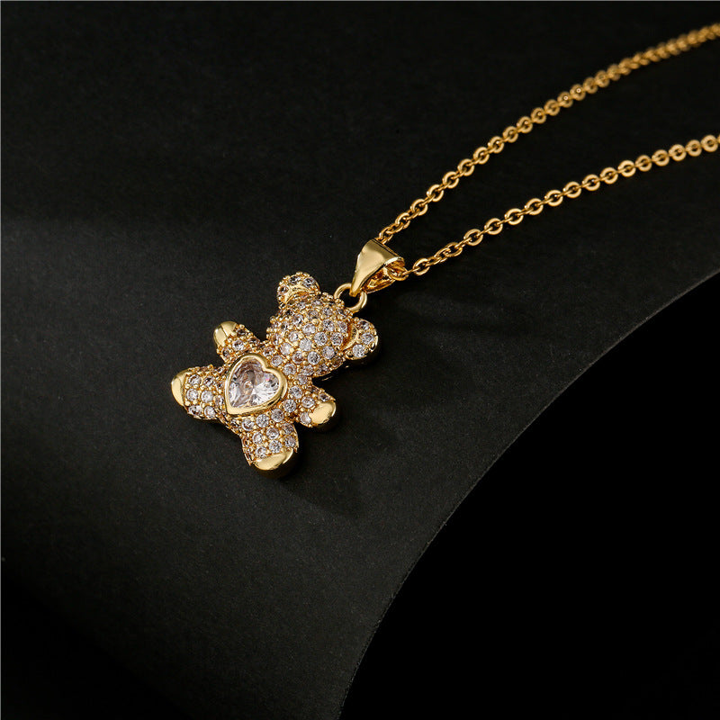 Minimalist Heart-Shaped Bear Pendant Necklace in Copper with Micro-Paved Cubic Zirconia on Snake Chain