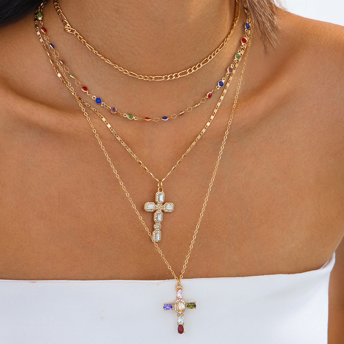 Collana pendente a croce minimalista in metallo con finitura placcata per donna, delicata catena clavicola gioielli