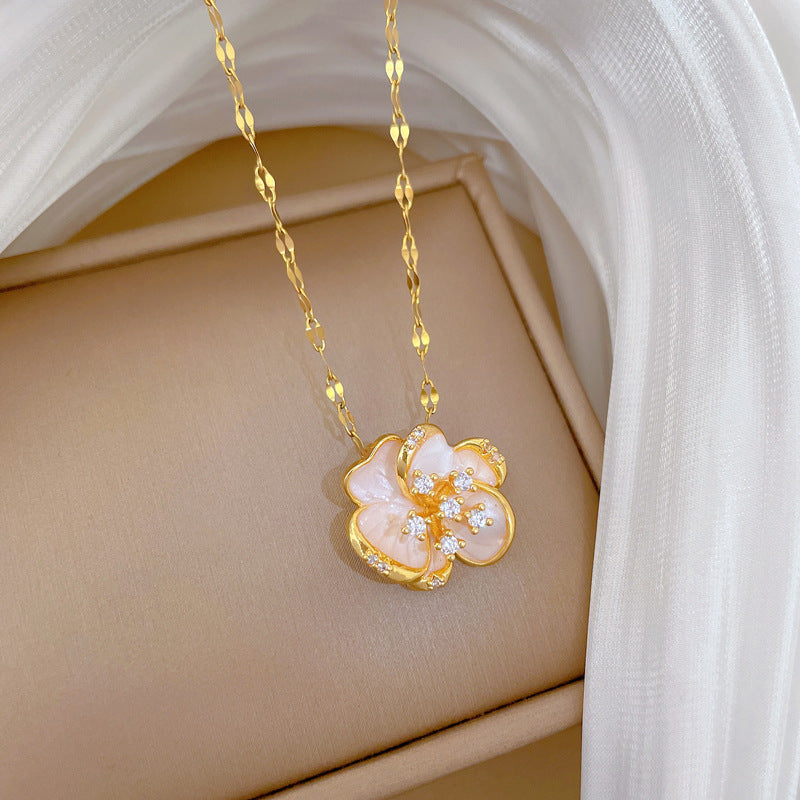 Sweet Elegant Rotating Drip Oil Floral Moon Rhinestone Pendant Titanium Steel Necklace Set for Unisex