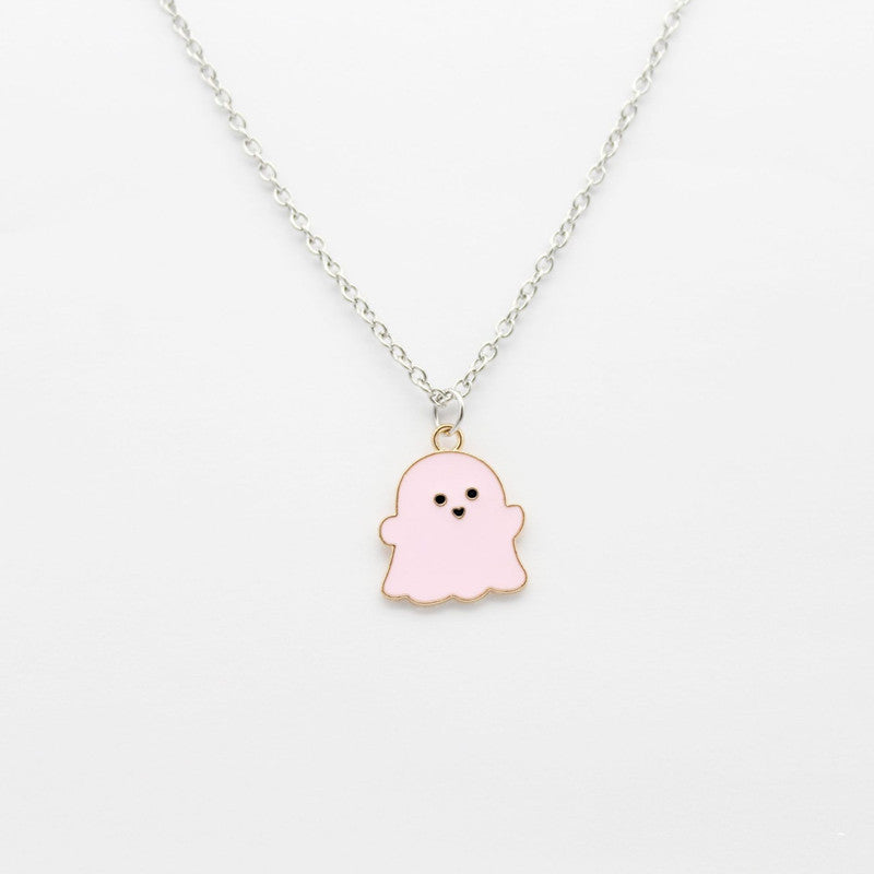 Collar con colgante de fantasma de dibujos animados en cobre con acabado galvanizado, joyería de Halloween en blanco y negro para mujer