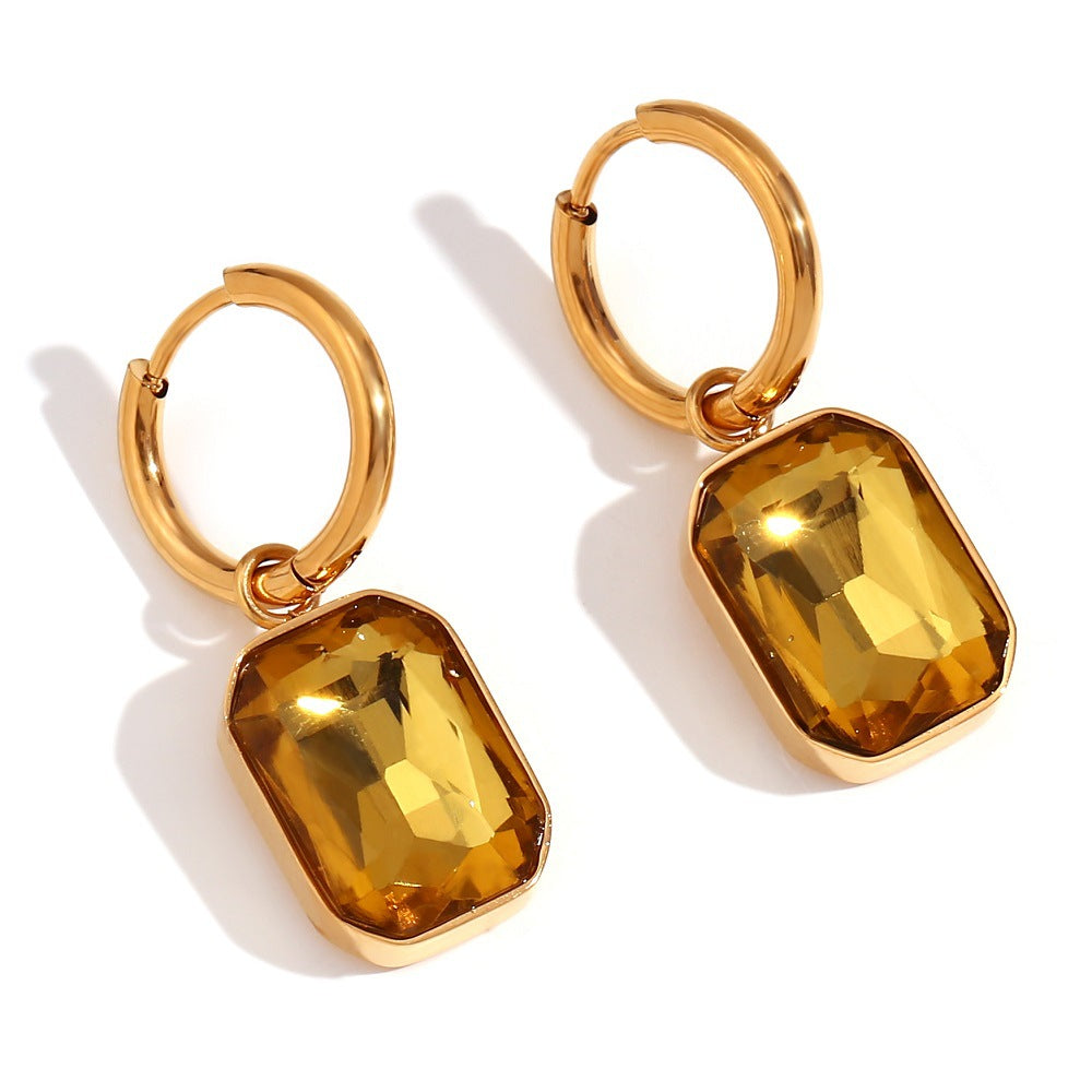 Fashionable Geometric Stainless Steel Earrings with 18K Gold Plating and Rectangular Cubic Zirconia Pendants for Women
