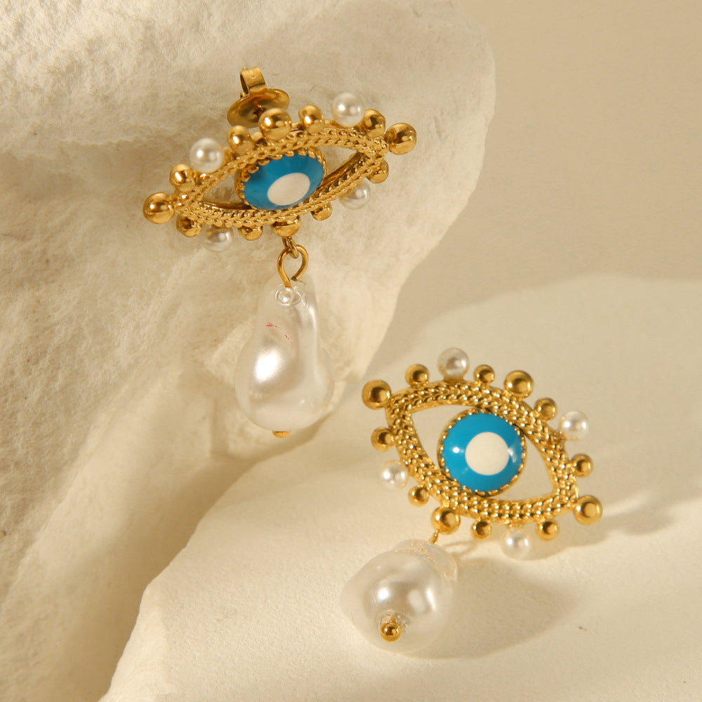 Ins Style Geometric Evil Eye Drop Oil Earrings 18K Gold Plated Stainless Steel with Pearl for Women