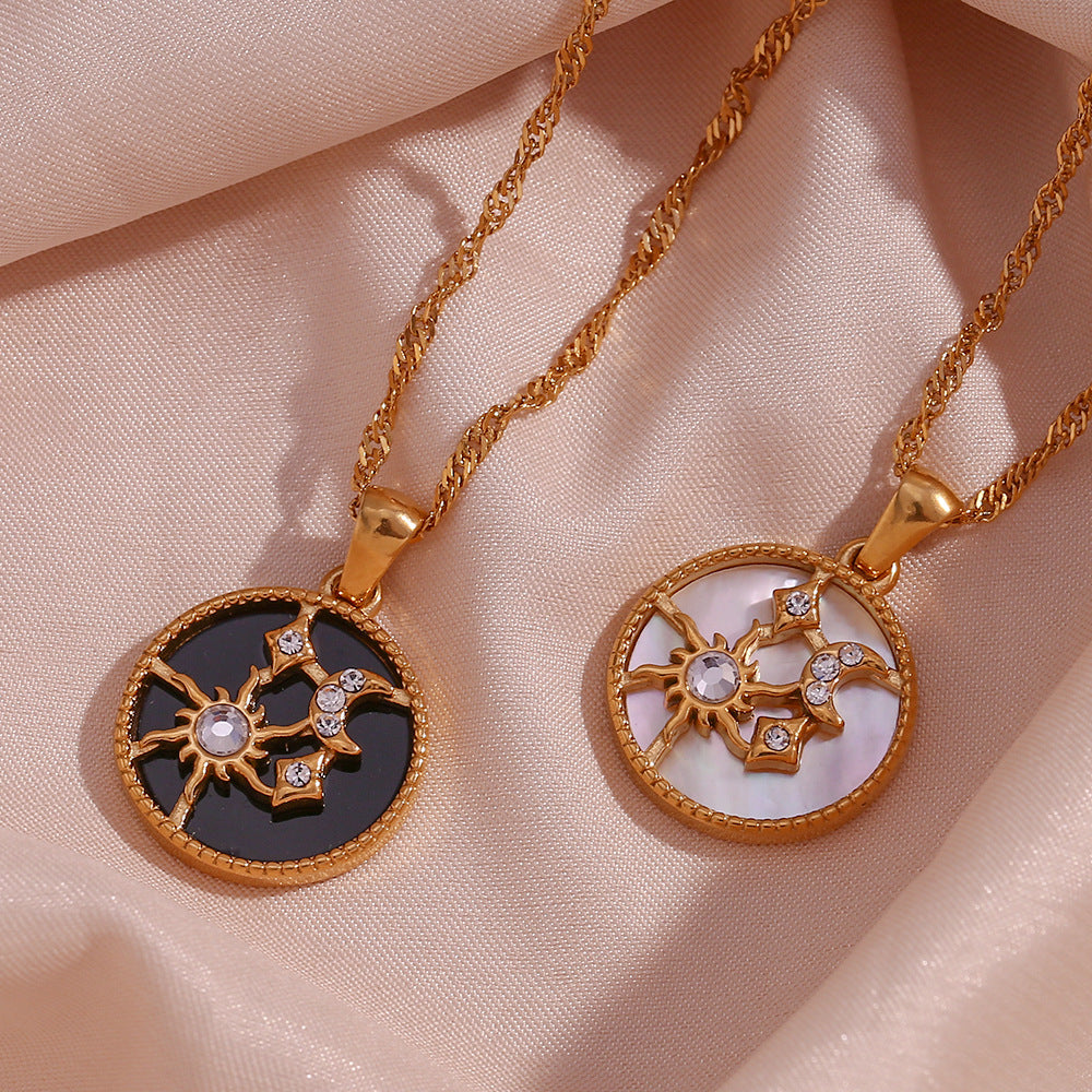 Fashionable Minimalist Sun and Moon Geometric Pendant Necklace for Women in Stainless Steel with 18K Gold Plating