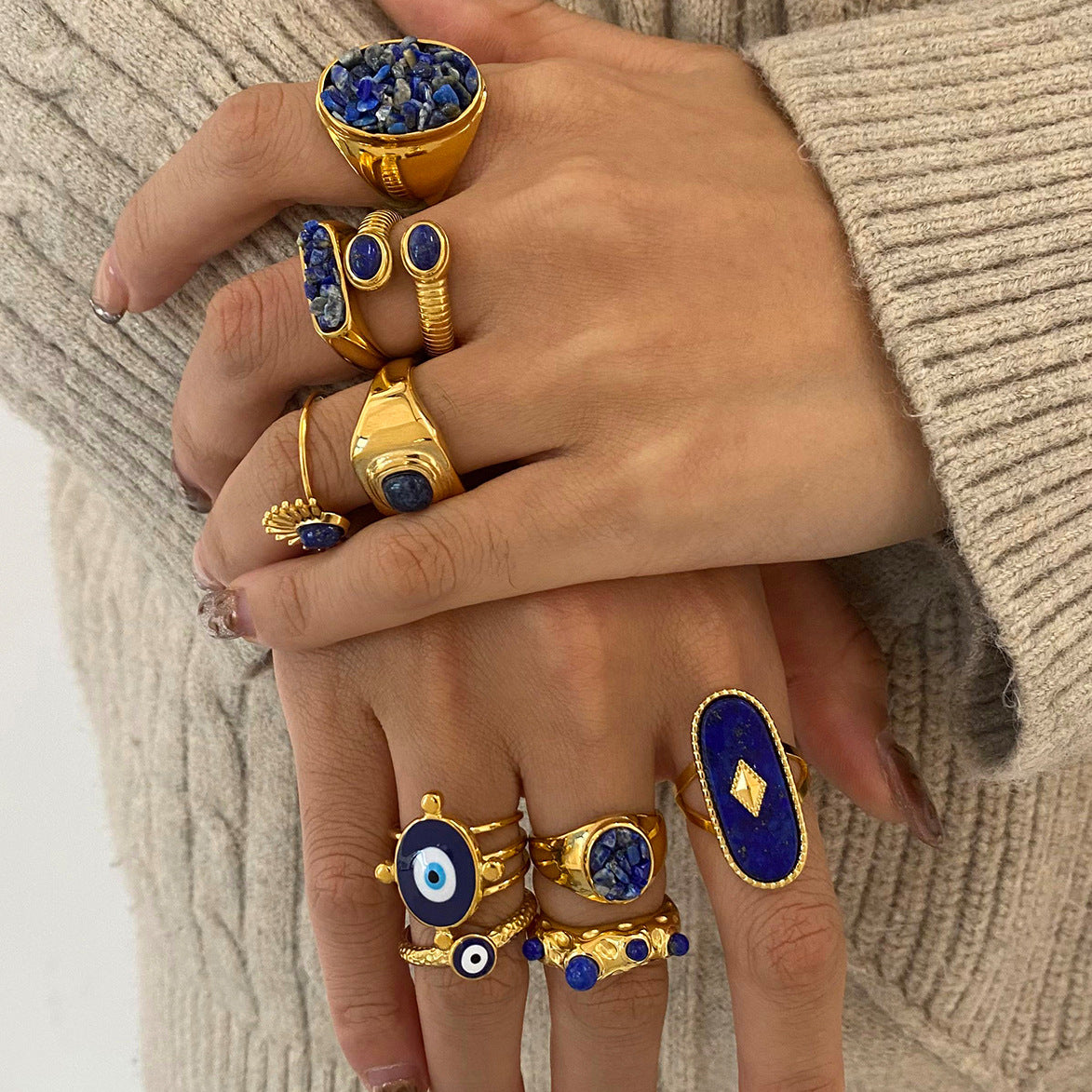 Geometric Plated Stainless Steel Ring with Natural Gemstone for Women