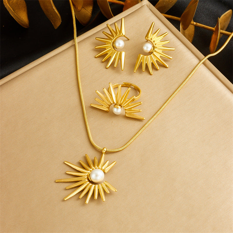 Conjunto de collar, aretes y anillo vintage de girasol con perlas para mujer, cadena de caja de acero inoxidable enchapado