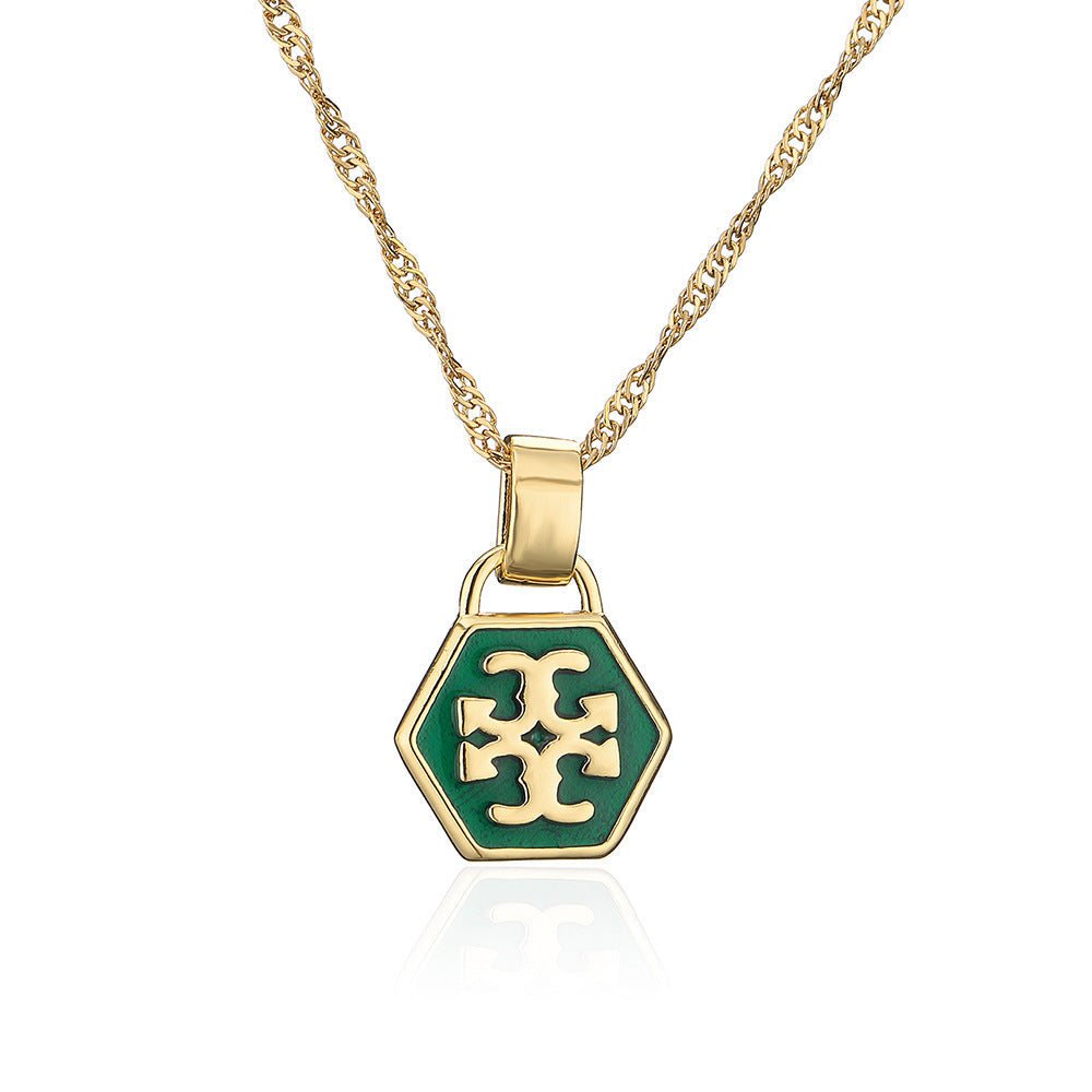 Minimalist Hexagonal Enamel Pendant Necklace for Women with Copper Base and Real Gold Plating