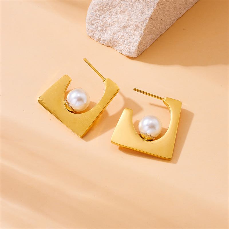 Irregular Shape Pearl Inlay Stainless Steel Plated Jewelry Set for Women Necklace Earrings Bracelet