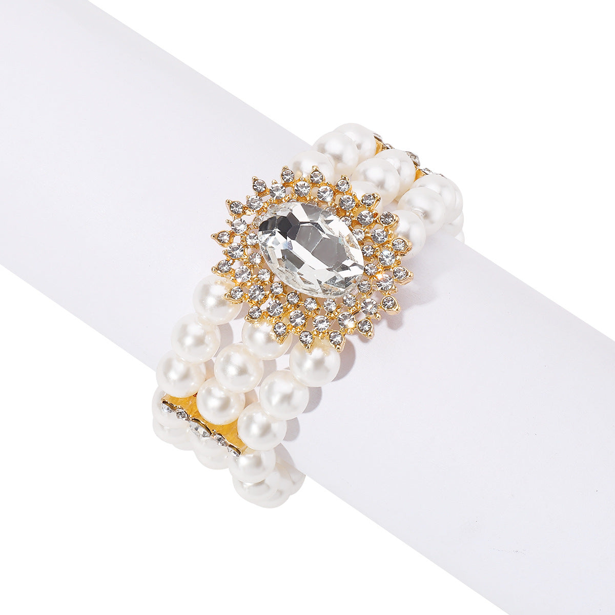 Sweet-Edgy Geometric Pearl and Rhinestone Bracelet with Handcrafted Detailing for Women