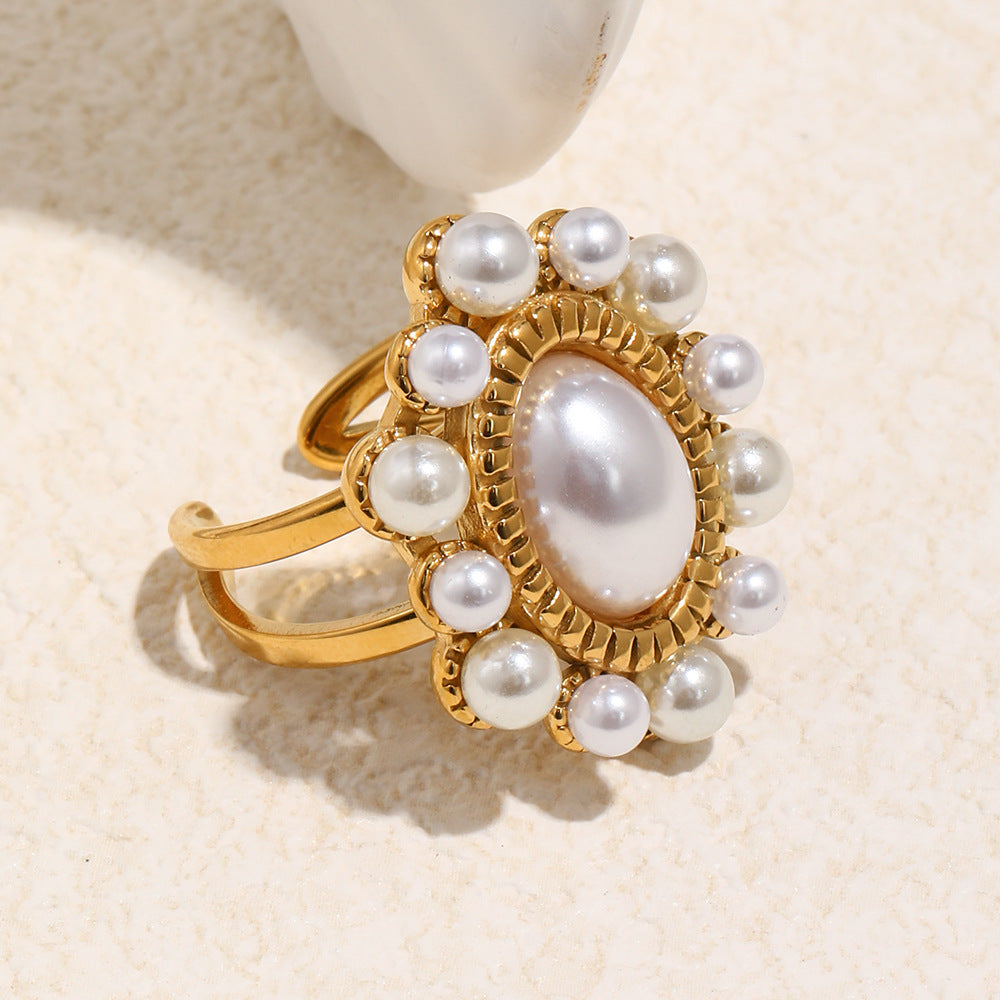 Anillo Abierto Minimalista de Lujo en Acero Inoxidable con Baño de Oro de 18K con Forma de Oliva y Diseño Lineal para Mujer