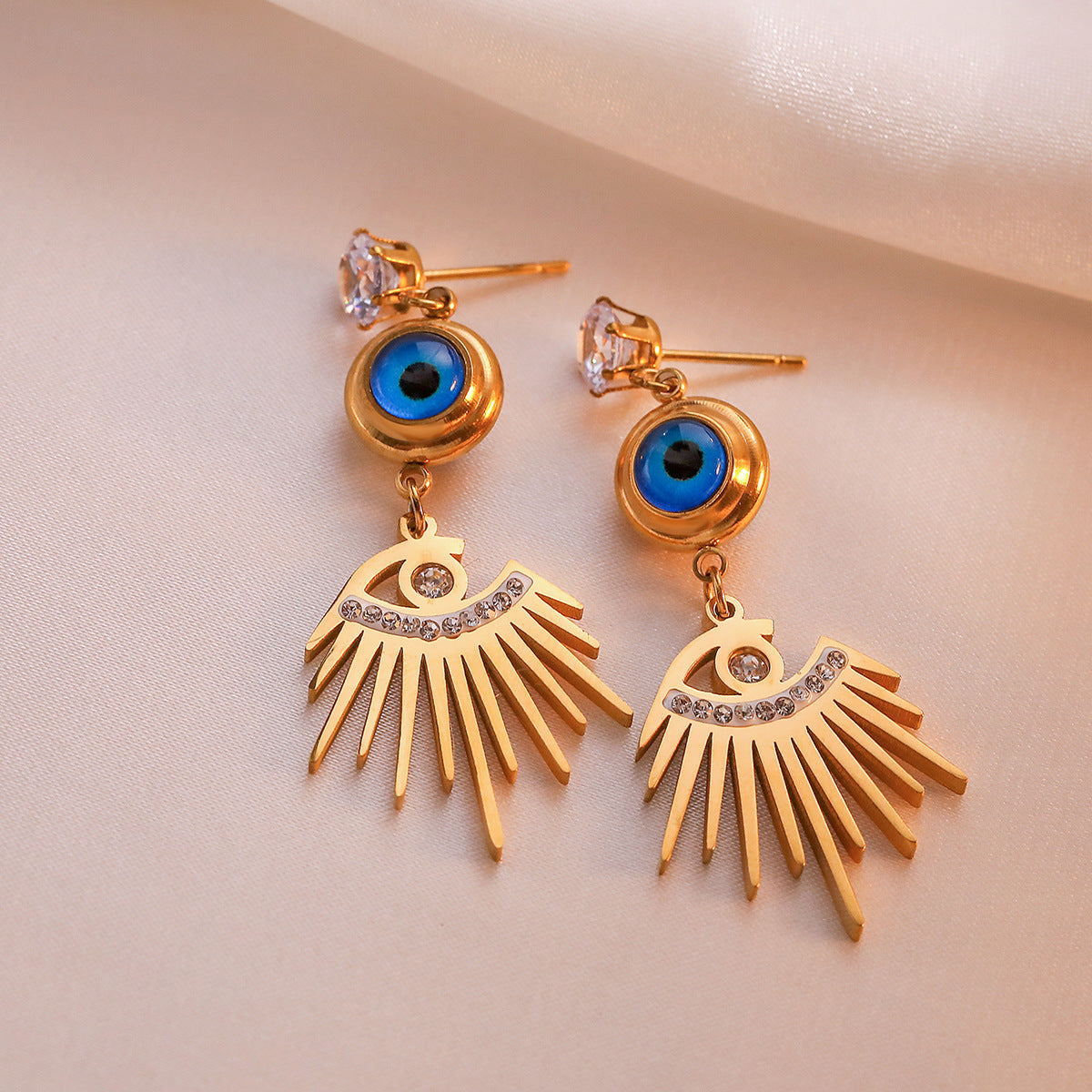Minimalist Geometric Demon Eye Flower Earrings for Women in Titanium Steel with Zircon Accents