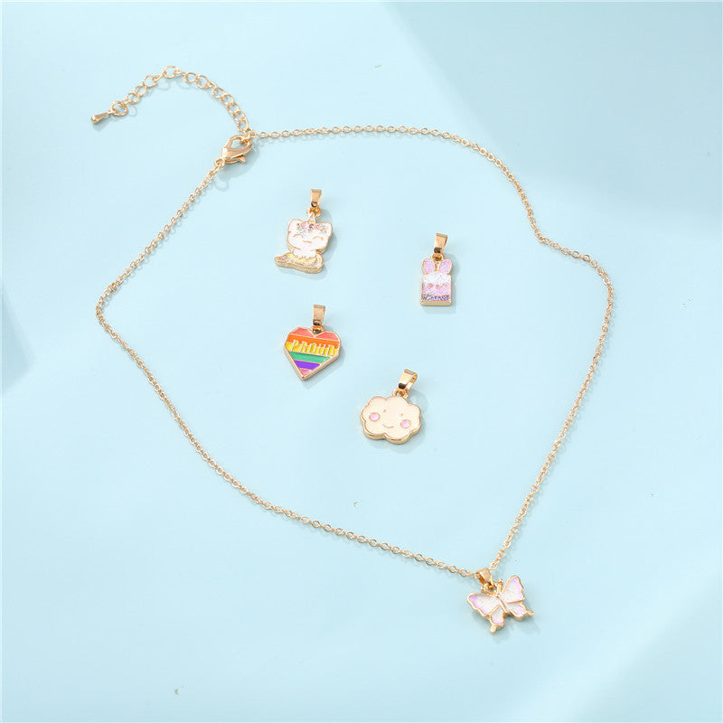 Collana con ciondolo a farfalla a forma di animale cartone animato, in lega, con smalto a goccia e catena a maglie, per bambini