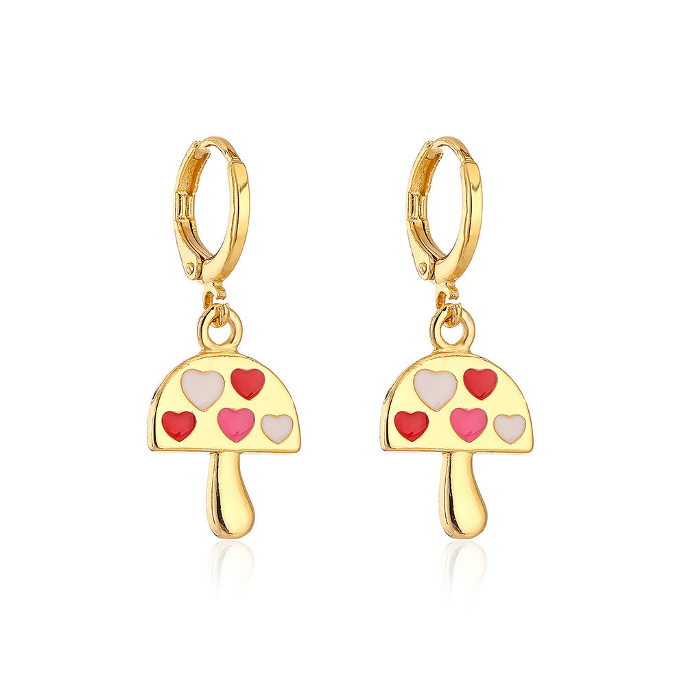 Minimalist Mushroom-Shaped Earrings for Women Made of Copper with Gold Plating and Enamel Finish