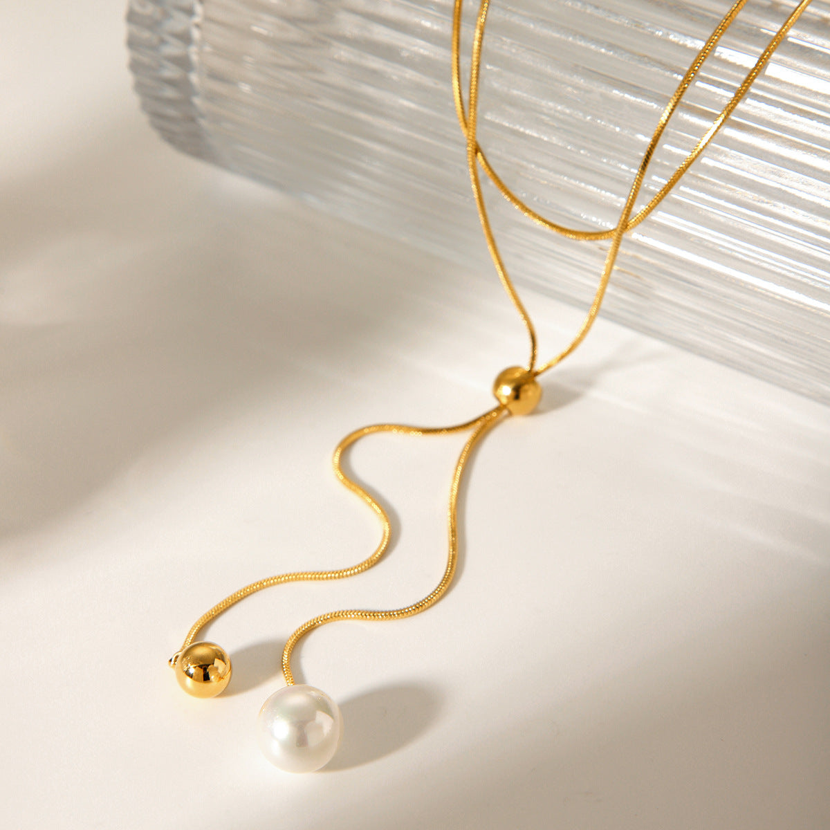 Minimalist Geometric Stainless Steel Pendant Necklace with Titanium Steel Ball Charm, Adjustable Snake Chain for Women