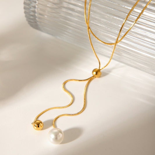 Minimalist Geometric Stainless Steel Pendant Necklace with Titanium Steel Ball Charm, Adjustable Snake Chain for Women