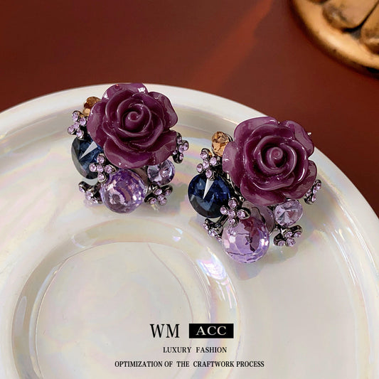 Vintage-Style Floral and Geometric Copper Earrings with Rhinestone Inlay, Electroplated for Luxury Look