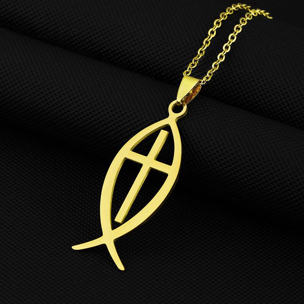 Collana con Pendente a Croce a Forma di Pesce Intagliato alla Moda in Acciaio Inossidabile con Finitura Placcata, Unisex