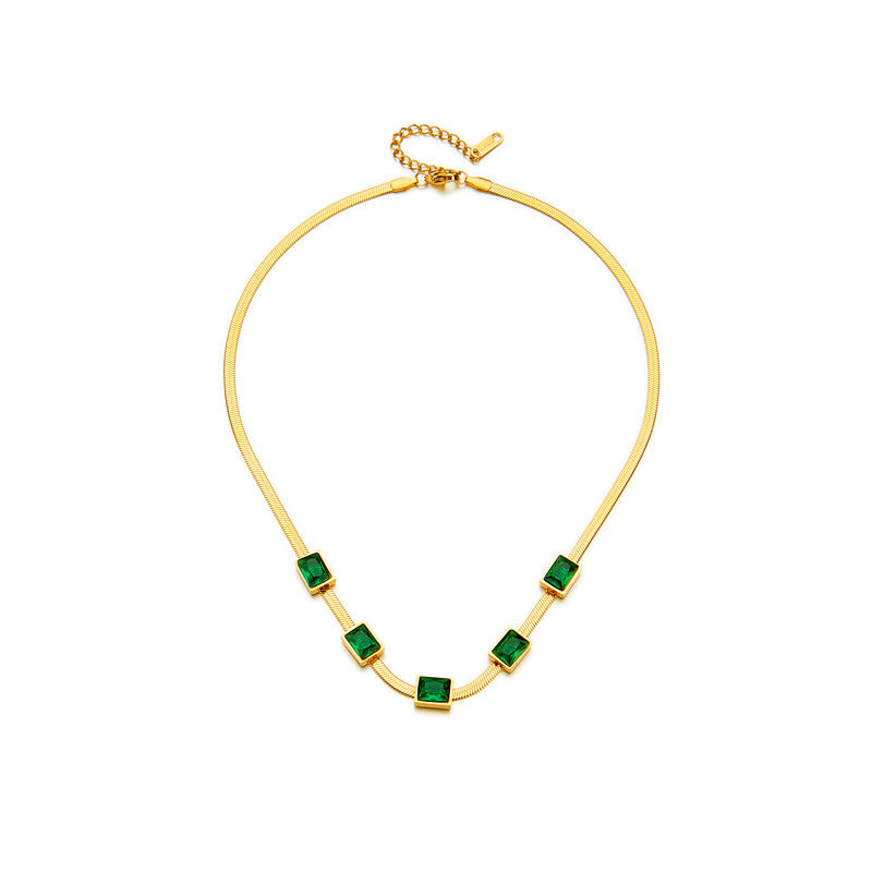 Vintage Minimalist Emerald Green Square Titanium Steel Snake Chain Bracelet and Necklace Set with Plated Finish