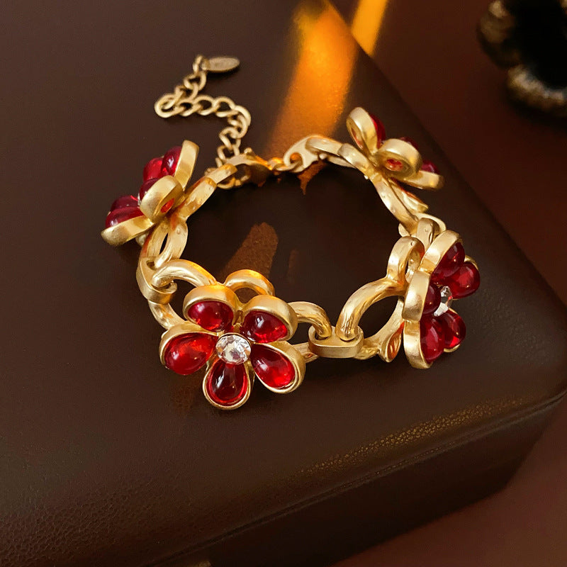 Set collana con ciondolo in vetro floreale vintage con orecchini e bracciale in lega per donna, gioielli di lusso galvanizzati