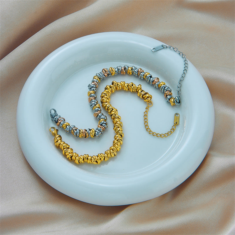 Pulsera Trenzada de Cuentas de Acero de Titanio Minimalista a la Moda con Eslabones Circulares y Acabado Chapado