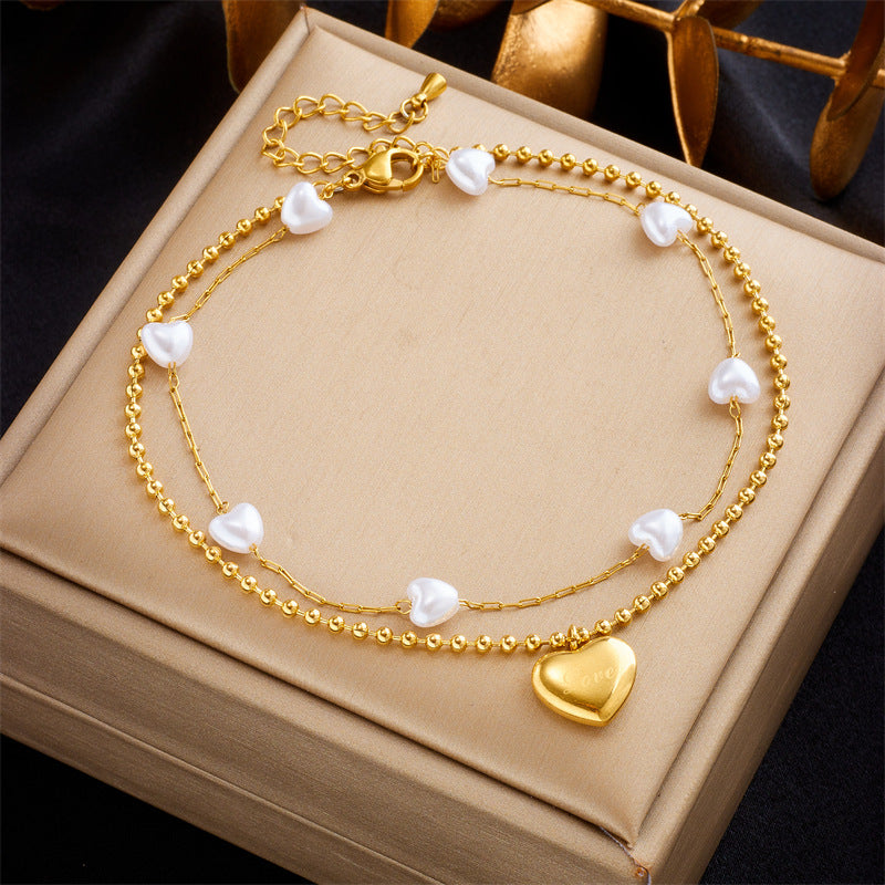 Minimalist Fashion Heart and Butterfly Pearl Anklet in Stainless Steel with Elegant Design