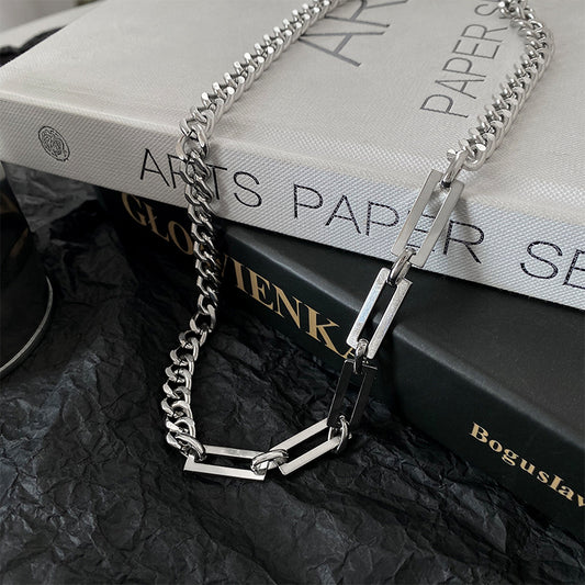 Hip Hop Geometric Titanium Steel Cuban Chain Necklace for Men and Women with Electroplated Finish and Contrasting Panel Design