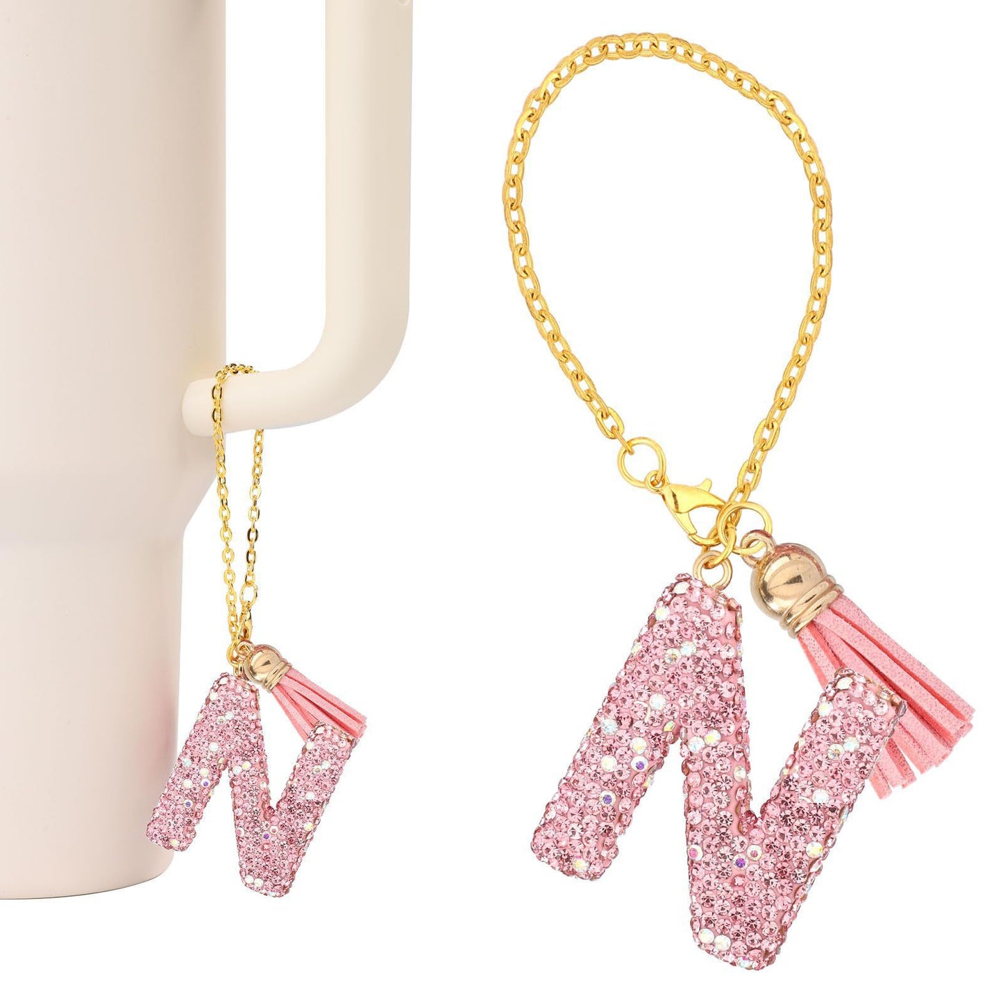 Minimalist Geometric Letter Ceramic Pendant with Gold Adjustable Chain Pink Tassel and Glitter Sequins