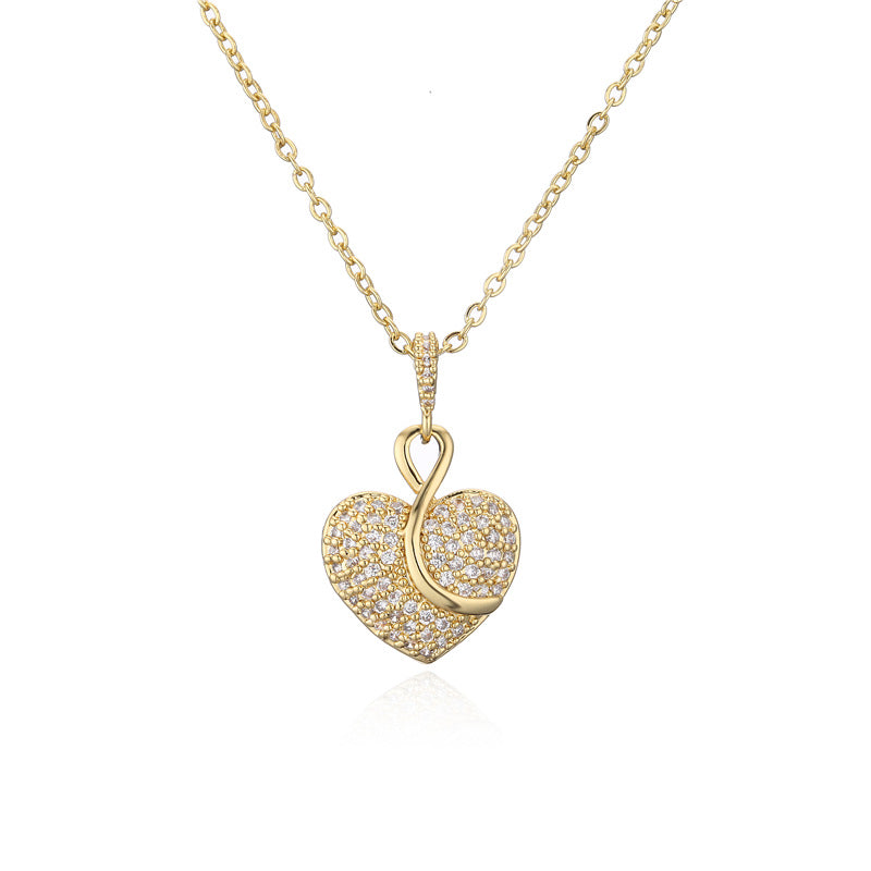 18K Gold Plated Heart Geometric Brass Necklace with Cubic Zirconia Inlay for Women