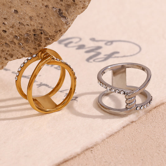 Vintage-Inspired Geometric Titanium Steel Plated 18K Gold Double-Layer Hollow Wire-Wrapped Micro-Paved Rhinestone Ring for Women