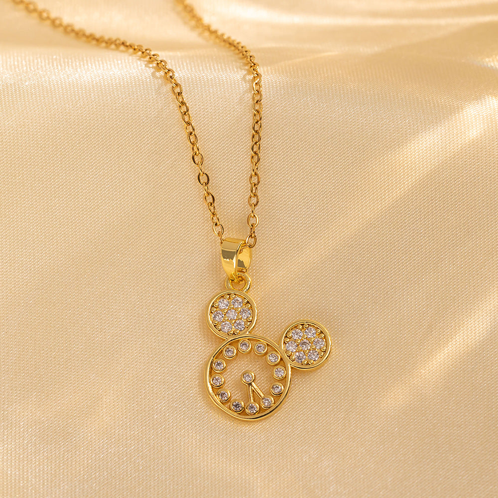 Cute Hollow-Out Mouse Head Necklace for Women in Titanium Steel with Electroplated Finish, O-Chain Collarbone Jewelry