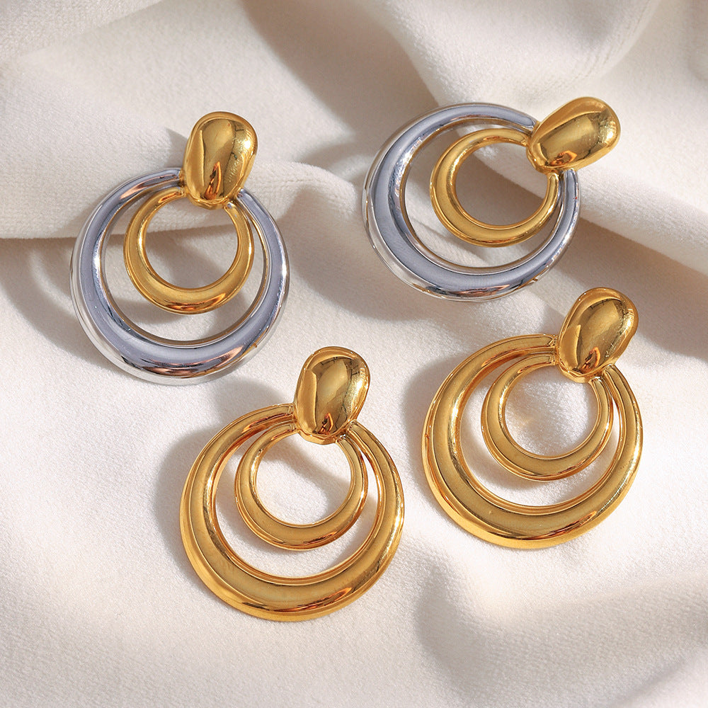 Minimalist Modern 18K Gold Plated Stainless Steel Geometric Double Ring Stud Earrings for Women