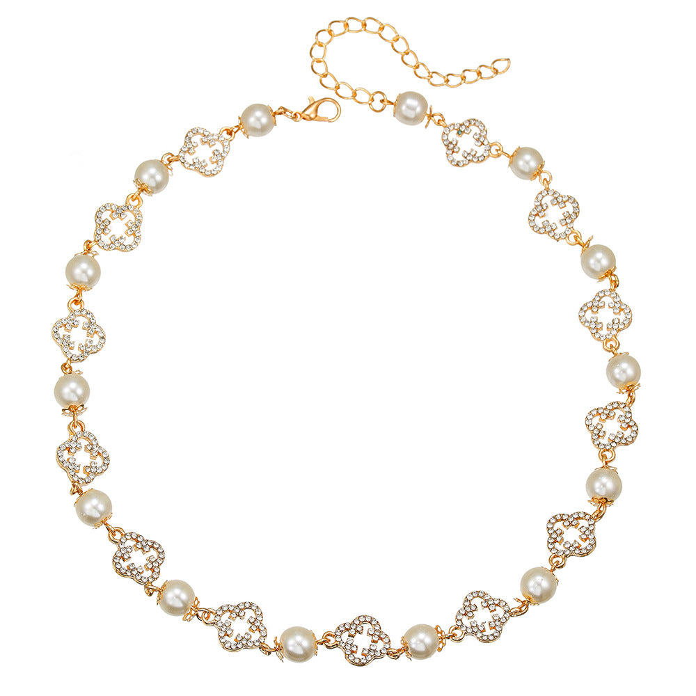 Geometric Hollow Flower Four-Leaf Clover Necklace with Rhinestone and Imitation Pearl for Women