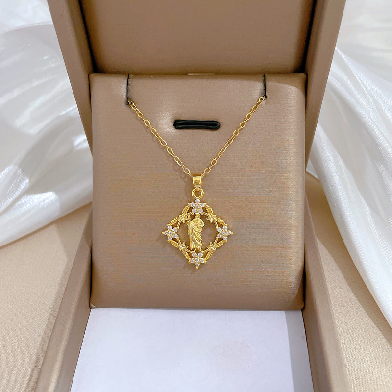 Collana Minimalista con Ciondolo Floreale a Quadrifoglio in Acciaio al Titanio con Ciondolo in Rame e Accenti di Strass per Uomo e Donna