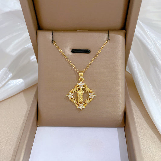 Collana Minimalista con Ciondolo Floreale a Quadrifoglio in Acciaio al Titanio con Ciondolo in Rame e Accenti di Strass per Uomo e Donna