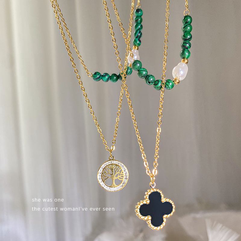 Gold Plated Titanium Steel Four-Leaf Clover Double Layer Necklace for Unisex