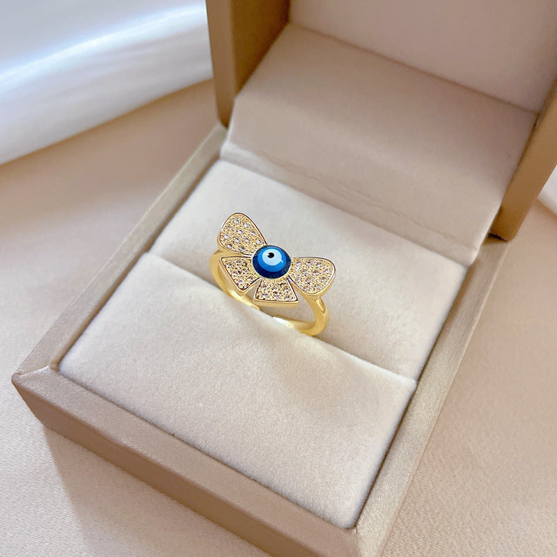 Anello da donna in ottone con zirconi a farfalla in stile cartoon, finitura galvanica, fascia regolabile, stile minimalista giapponese