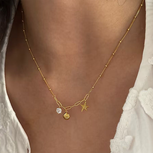 Collar con colgante minimalista de estrella de mar y concha en acero inoxidable con incrustaciones de diamantes de imitación, cadena de medallón de acero de titanio, diseño geométrico inspirado en el océano para mujeres