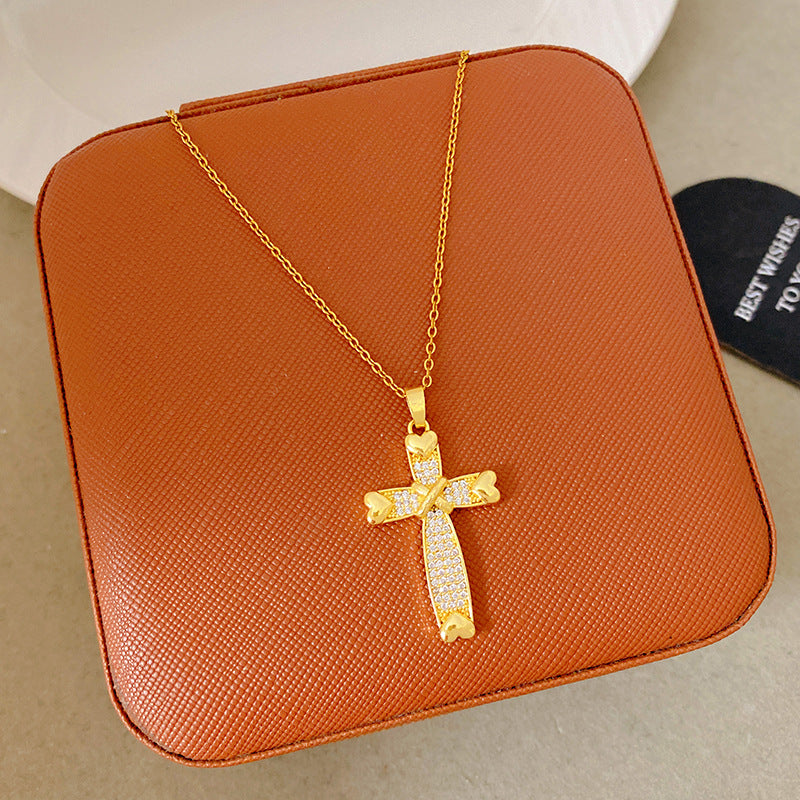 Sporty Sweet 18K Gold Plated Cross Titanium Steel Necklace with Cubic Zirconia for Women