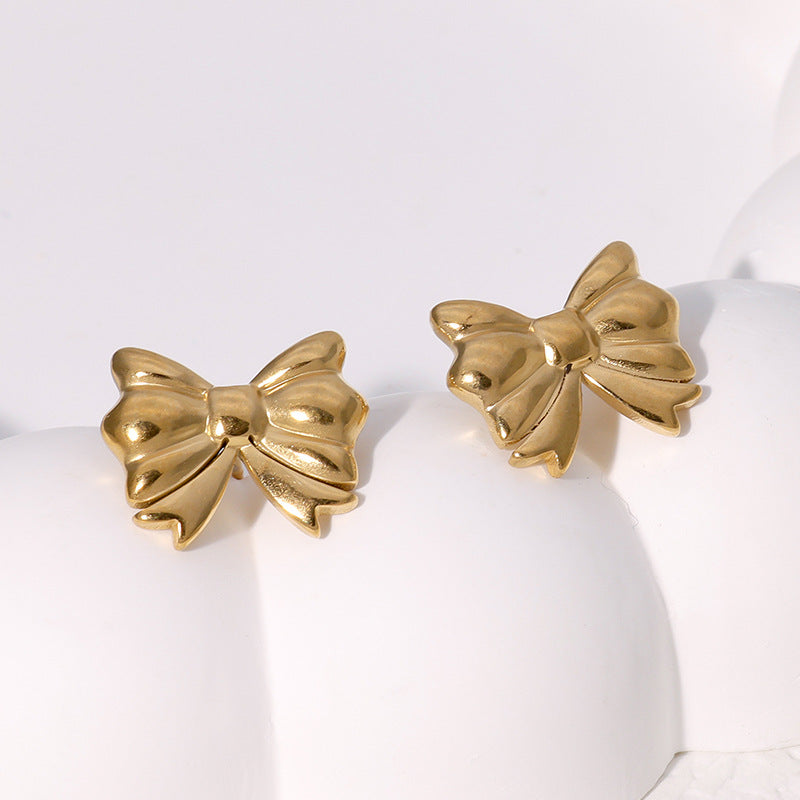 Minimalist Bow-Shaped Titanium Steel Earrings with 18K Gold Plating for Women — Hypoallergenic Stainless Steel Studs, Lightweight Luxury Design