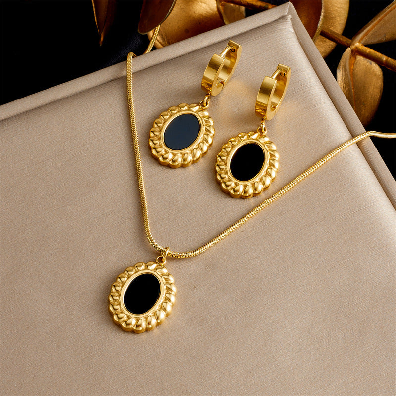 Vintage Office Chic Plated Stainless Steel Oval Geometric Necklace and Earrings Set