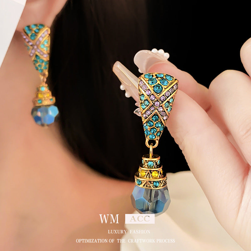 Vintage Geometric Blue Teardrop Earrings with Rhinestone Inlay in Alloy Base and Silver-Plated Steel Posts for Women