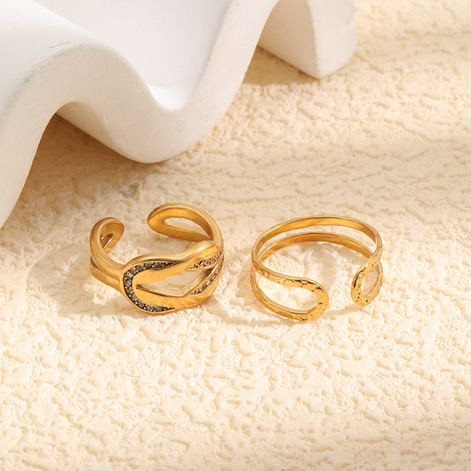 Elegant Minimalist Geometric Rhinestone Knot 18K Gold Plated Stainless Steel Open Ring for Women