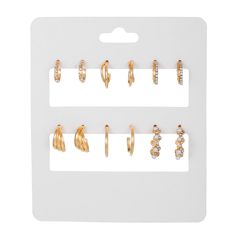 Minimalist Sweet Geometric Round Rhinestone Inlay Alloy C-Shape Earrings for Women