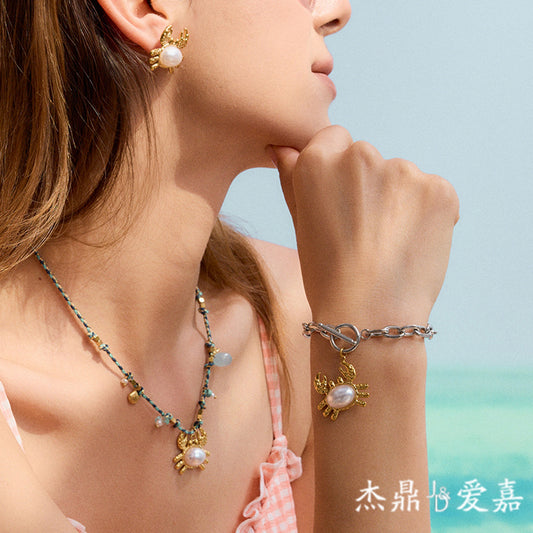 Minimalist Titanium Steel Crab Animal Pendant Necklace Bracelet Earrings Set Plated Ocean Theme Jewelry for Women