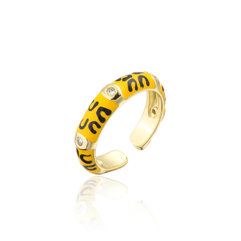 Colorful Drip Oil Geometric Brass Ring with Micro-inlaid Cubic Zirconia for Women