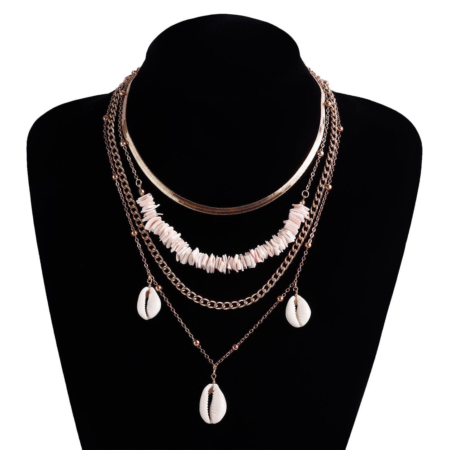 Collar de capas de moda con conchas marinas y colgante geométrico en delicada cadena para mujer