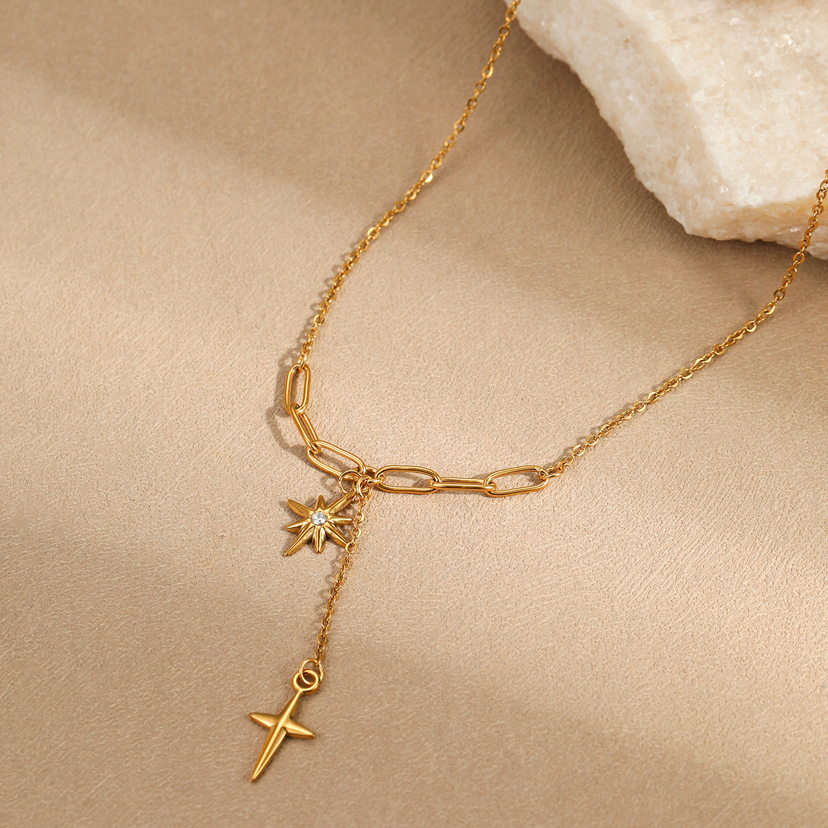 Minimalist Clavicle Necklace with Eight-Pointed Star Pendant, Rhinestone Inlay, Stainless Steel, Plated Finish, Tassel and Cross Accents
