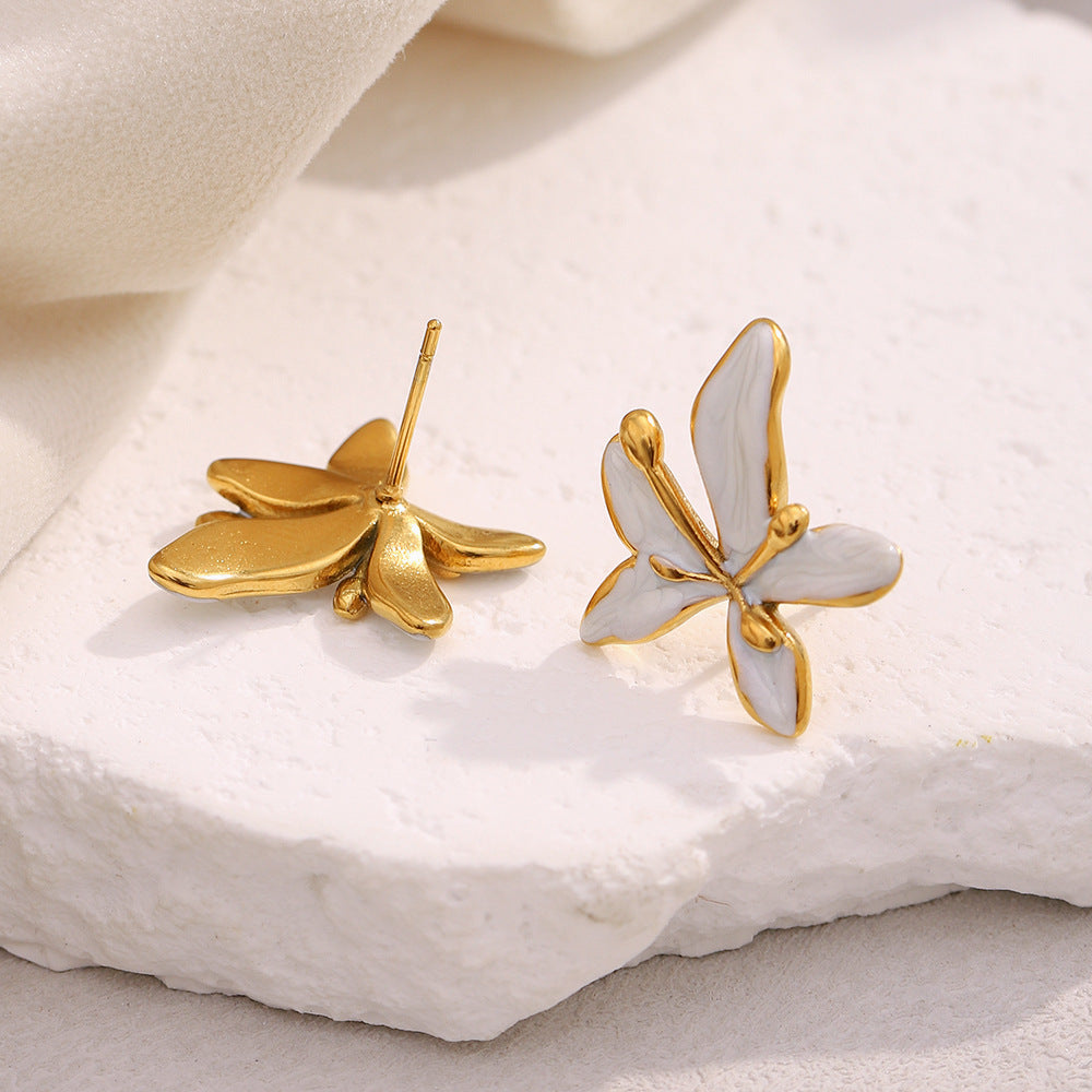 Minimalist French-Inspired Floral Stud Earrings in Stainless Steel with 18K Gold Plating and Enamel Finish
