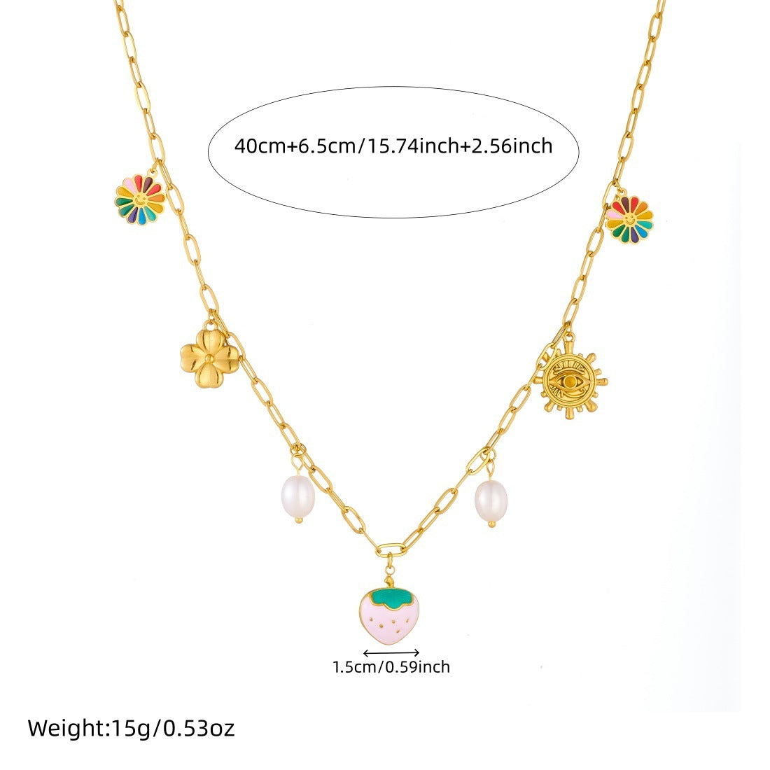 Pink Drip Oil Heart and Floral Stainless Steel Necklace with Imitation Pearl Curb Chain for Women